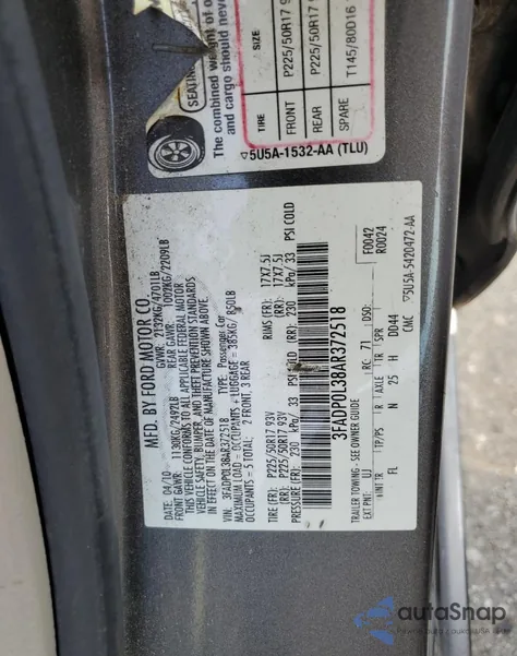 2010 Ford Fusion Hybrid from USA, damaged, VIN 3FADP0L38AR372518